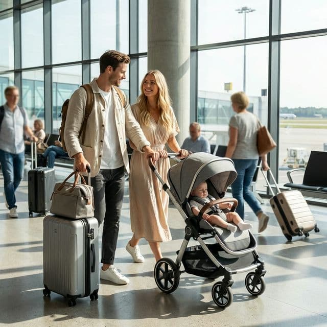 Family traveling through airport with stroller