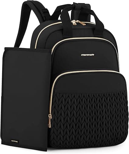 mommore Diaper Bag Backpack, Stylish Travel Baby Bag with Insulated Pockets, Changing Pad and Stroller Straps for Toddler (L-Black, Large-27L)