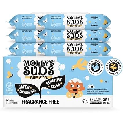 Molly's Suds Sensitive Clean Baby Wipes | 99% Water, Plant-Based, Fragrance Free | 384 Total Wipes (6 Flip-Top Packs)