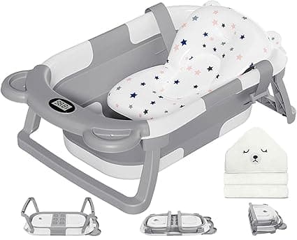 MoreFeel Collapsible Baby Bathtub for Newborn with Thermometer & 1 Hooded Towel & 1 Soft Floating Cushion,Portable Travel Bathtub with Drain Hole, Durable Foldable Baby Tubs for Infants to Toddler