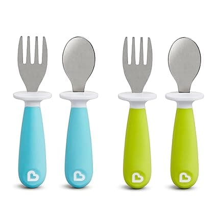 Munchkin® Raise™ Toddler Fork and Spoon Utensil Set, Rest Keeps Tip Off Table, BPA Free, 4 Pack, Blue/Green