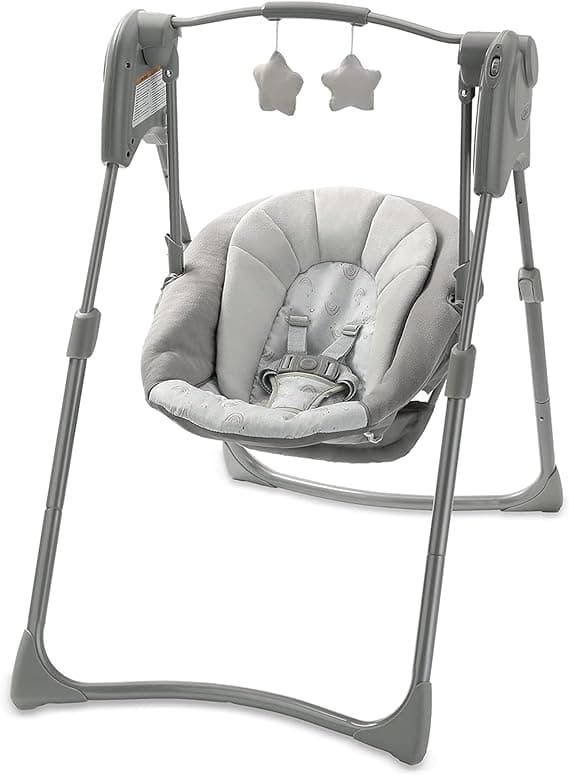 Graco Slim Spaces Compact Baby Swing, Space Saving Portable Bay Swing with Height Adjustable Legs & Soft Toys, Reign
