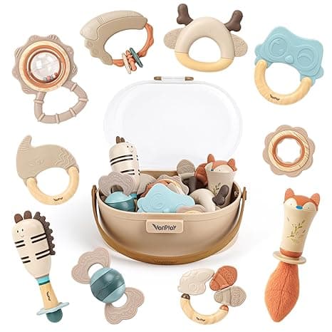 Baby Rattles & Teethers Set – Baby Toys 0-6 Months, Teething Toys 3-6 Months, Sensory Toys with Soft Textures, Gentle Sounds & Easy-Grip Shape, Neutral Newborn Gift（10-Pack）