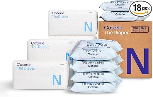 Coterie Baby Wipes + Diapers Kit, Size Newborn Diapers (186 Count) & 12 Pack (672 Count) Baby Wipes with 99% Water, Plant Based Materials, Hypoallergenic for Sensitive Skin