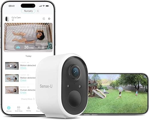 Sense-U Battery Baby Monitor Smart Security Camera, Indoor/Outdoor Use, AI Breathing Detection, 1080p Video Monitor, Weatherproof Wireless Camera, 2-Way Audio, No Monthly Fee