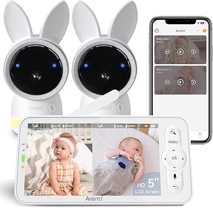 ARENTI Baby Monitor with 2 Cameras, 2K Smart Baby Camera with 5'' Upgraded Wireless Display, Super Night Vision, Breathing Light, Lullabies, Cry&Motion Detection, Temp&Humidity Sensor, 2 Way Audio