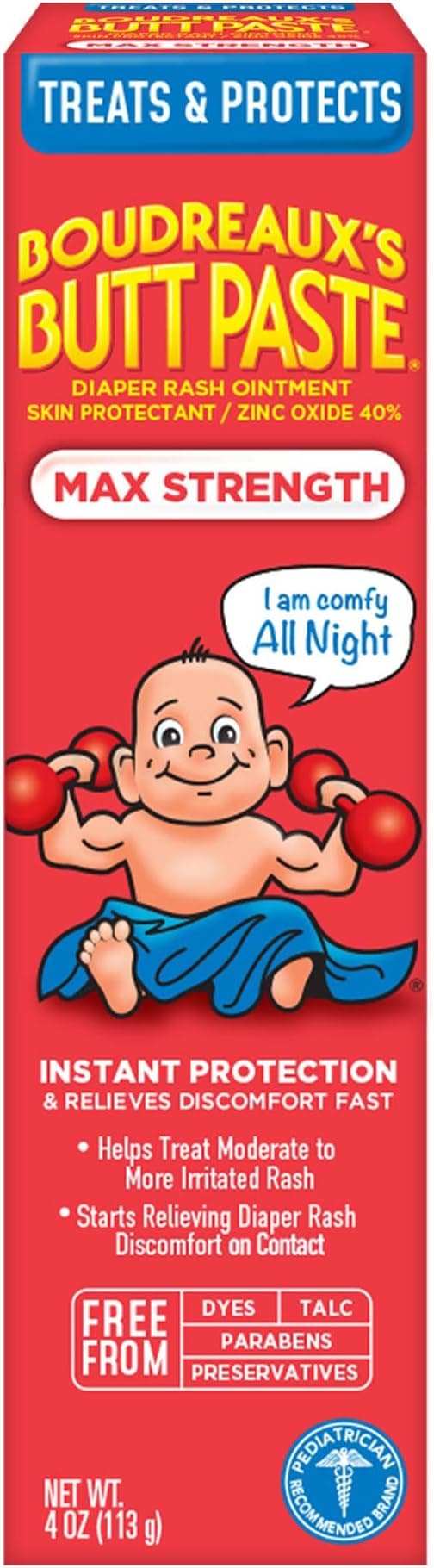 Boudreaux’s Butt Paste Max Strength Diaper Rash Cream for Baby, Ointment With Zinc Oxide, 4 oz Tube