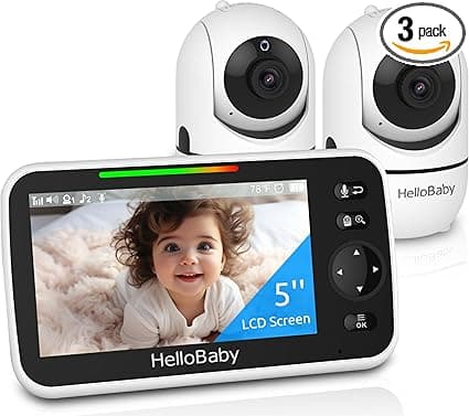 HelloBaby Upgrade 5’’ Baby Monitor with 30-Hour Battery, 2 Cameras Pan-Tilt-Zoom, 1000ft Range Video Audio Baby Monitor No WiFi, VOX, Night Vision, 2-Way Talk, 8 Lullabies and Temperature