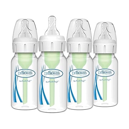 Dr. Brown's Natural Flow Anti-Colic Options+ Narrow Baby Bottle, 4 oz/120 mL, with Level 1 Slow Flow Nipple, 0m+, 4 Pack