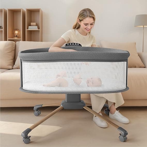 Electric Smart Soothing Baby Bassinet with 5 Rocking Speeds, 3 Timer Modes, 12 Soothing Musics, 3 Adjustable Heights, Breathable Mesh Sides and Mosquito Net
