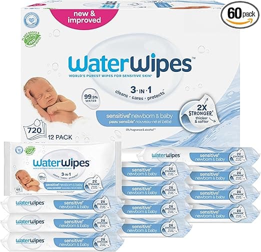 WaterWipes Sensitive+ Newborn & Baby Wipes, 3-In-1 Cleans, Cares, Protects, 99.9% Water, Unscented & Hypoallergenic, 720 Count (12 Packs)