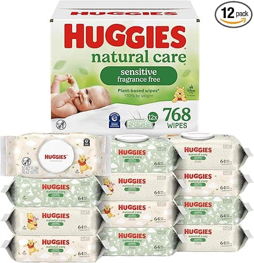 Huggies Natural Care Sensitive Baby Wipes, Unscented, Hypoallergenic, 99% Purified Water, 12 Flip-Top Packs (768 Wipes Total), Packaging May Vary
