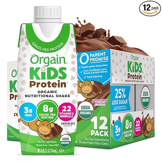 Orgain Organic Kids Nutritional Protein Shake, Chocolate, Healthy Kids Snacks, 8g Dairy Protein, 3g Fiber, 22 Vitamins & Minerals, No Soy Ingredients, Gluten Free, Non-GMO, 8.25 Fl Oz (Pack of 12)