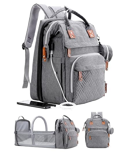 Diaper Bag Backpack with Changing Station, Large Diaper Bag, Baby Bag, Multifunctional Diaper Bag, Gray