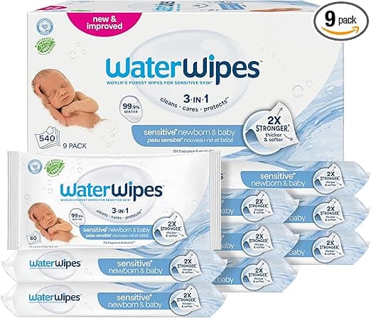 WaterWipes Sensitive+ Newborn & Baby Wipes, 3-In-1 Cleans, Cares, Protects, 99.9% Water, Unscented & Hypoallergenic, 540 Count (9 Packs)