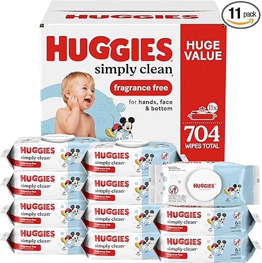 Huggies Simply Clean Unscented Baby Diaper Wipes, 11 Flip-Top Packs (704 Wipes Total), Packaging May Vary