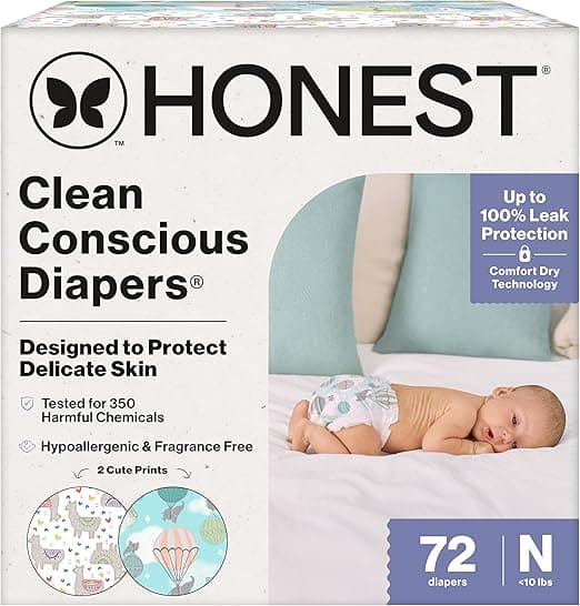 The Honest Company Comfort Dry Disposable Diapers for Sensitive Skin, Hypoallergenic, Above It All + All The Alpacas, Club Box Size Newborn 72 Count