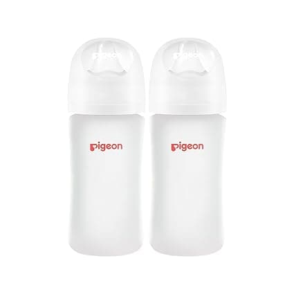Pigeon Silicone Coating (Glass Inside/Silicone Outside) Baby Bottle, Wide Neck, Streamlined Body, Natural Feel, Easy to Clean, Heat-Resistant, 8 Oz (Pack of 2), Includes 2 pcs M Nipples (3m+)