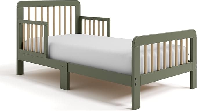 Storkcraft Pasadena Toddler Bed (Olive & Driftwood) - GREENGUARD Gold Certified, 100% Solid Wood, Fits Standard Crib Mattress, Toddler Rails Included, Complete Design with Headboard & Footboard