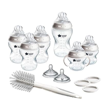 Tommee Tippee Natural Start 12 Piece BPA Free Bottle Set, Includes 2 x 5 oz, 3 x 9 oz, 1 x 11 oz Bottles, Newborn 0+ Months, Slow, Medium & Thicker Flow Breast-Like Nipples, Cleaning Brush, Clear
