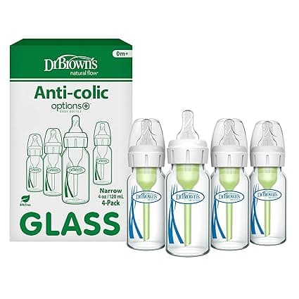 Dr. Brown's Anti-Colic Options+ Narrow Glass Baby Bottle with Level 1 Slow Flow Nipple, BPA-Free, 4 oz/120mL, 4-Pack