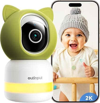Outinput Baby Monitor with Camera and Audio, 2K 4MP Indoor Security Camera for Home, 360° PTZ, AI Crying & Feeding Alerts, Night Vision with Gentle Light, Soothing Lullabies, 2-Way Audio