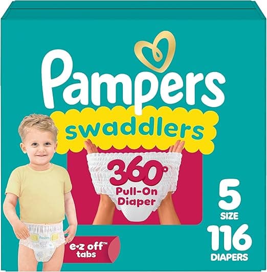 Pampers Diapers - Swaddlers 360° - Size 5, 116 Count, up to 100% Leakproof Comfy Dry Fit, Designed for Easy Changes, Pull On Baby Diaper (Packaging May Vary)