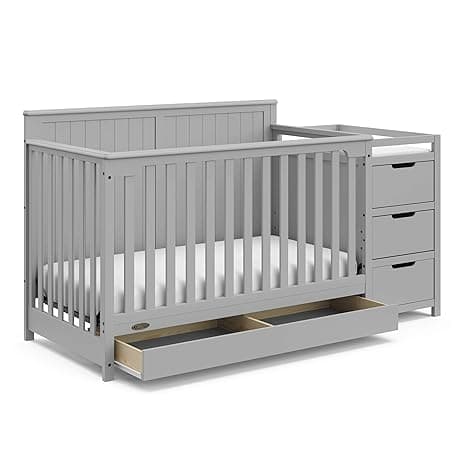 Graco Hadley 5-in-1 Convertible Crib & Changer (Pebble Gray) – GREENGUARD Gold Certified, Fits Standard Crib Mattress, Converts to Toddler Bed and Full Bed, 4 Adjustable Mattress Heights