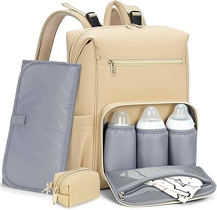 Lekesky Diaper Bag Backpack | Pañaleras Para Bebe, 27L Large Capacity with Changing Pad and Pacifier Case, 3 Insulated Bottle Pockets, Multi-Function Waterproof Diaper Bag, Ultralight Bag, Khaki