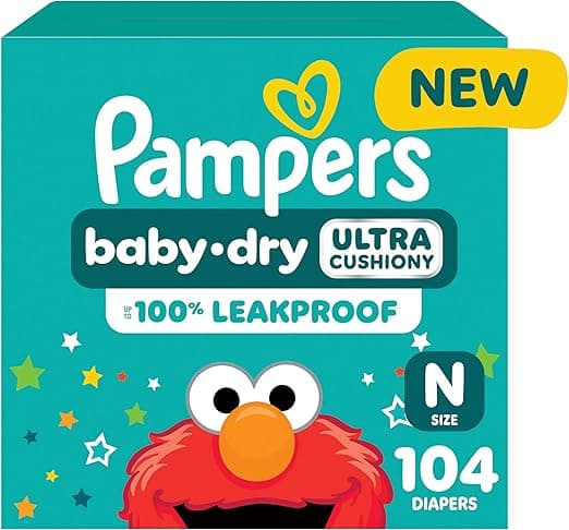 Pampers Diapers - Baby Dry - Size 0, 104 Count, Absorbent Disposable Newbort Diaper (Packaging May Vary)