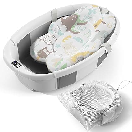 Collapsible Baby Bathtub - Large Baby Bath Tub with Thermometer & Cushion | Travel Portable Newborn Infant Bathtub | Foldable Toddler Bathtub for Baby 0 to 36 Months (Grey)