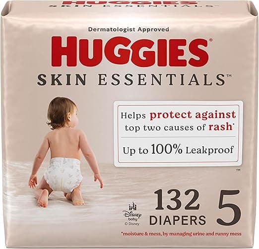 Huggies Size 5 Diapers, Skin Essentials Baby Diapers, Size 5 (27+ lbs), 132 Count (2 Packs of 66), Packaging May Vary
