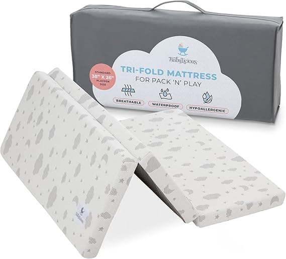 Babylicious Waterproof Pack and Play Mattress Topper | 38" x 26" x 1.5" | Trifold Style - Breathable Soft Plush Foam - Portable Mattress Topper- Baby Foam Mattresses for Babies