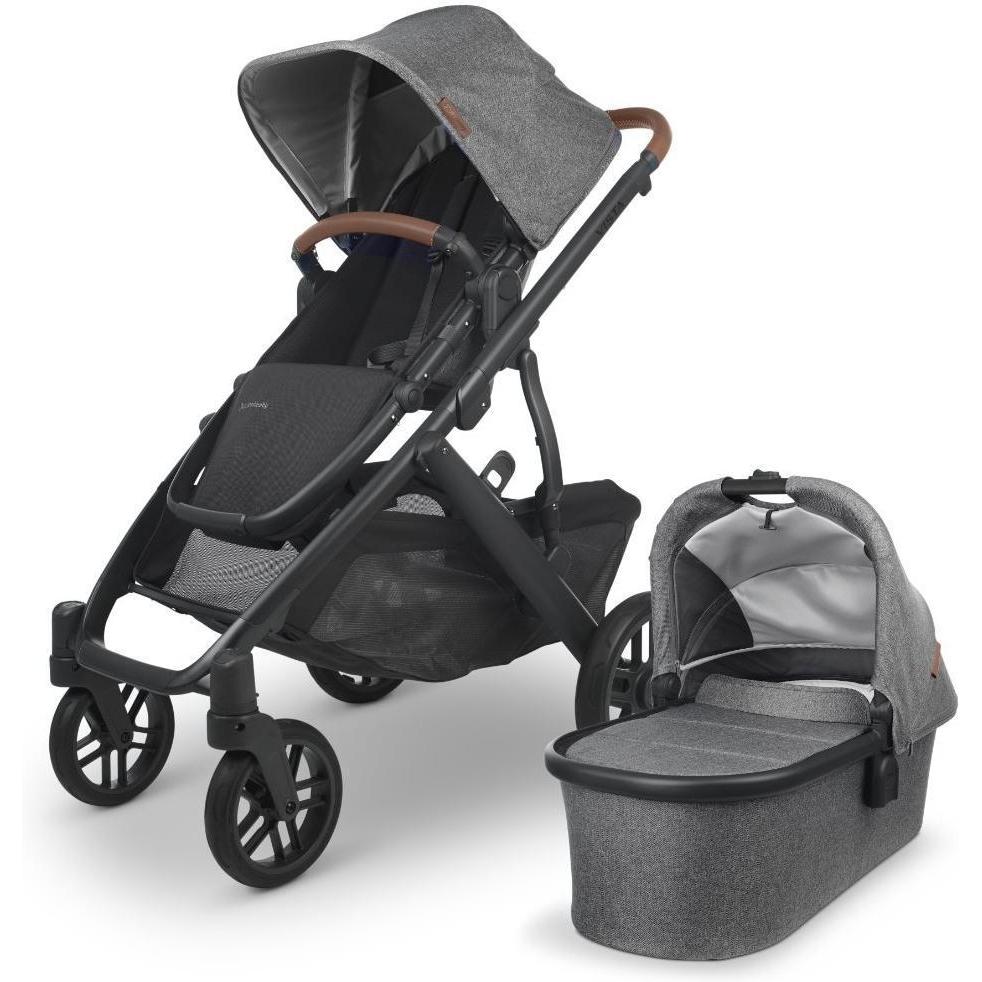 A stock photo of the uppababy vista v2 stroller and bassinet